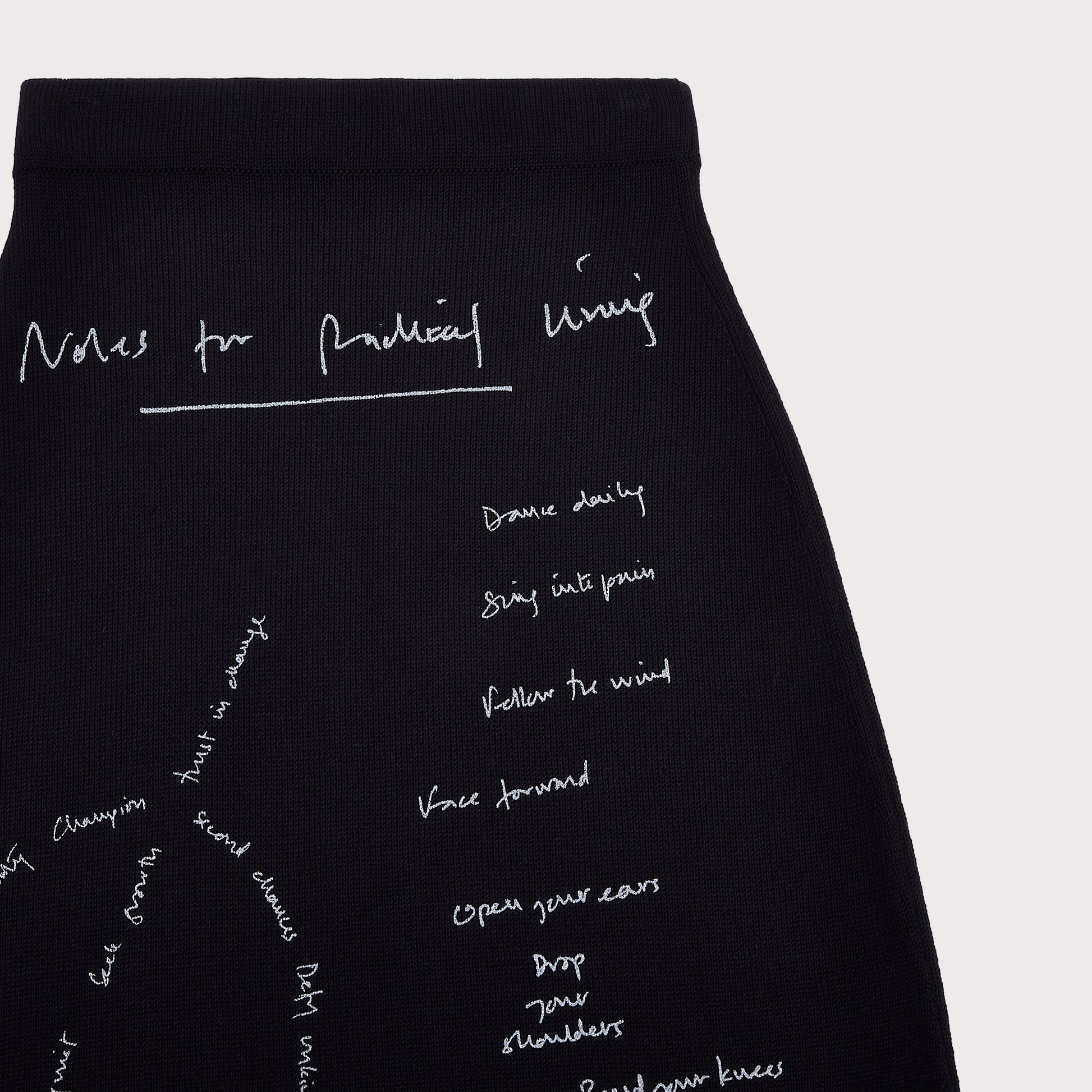 Close up flatshot of "Notes For Radical Living" skirt.