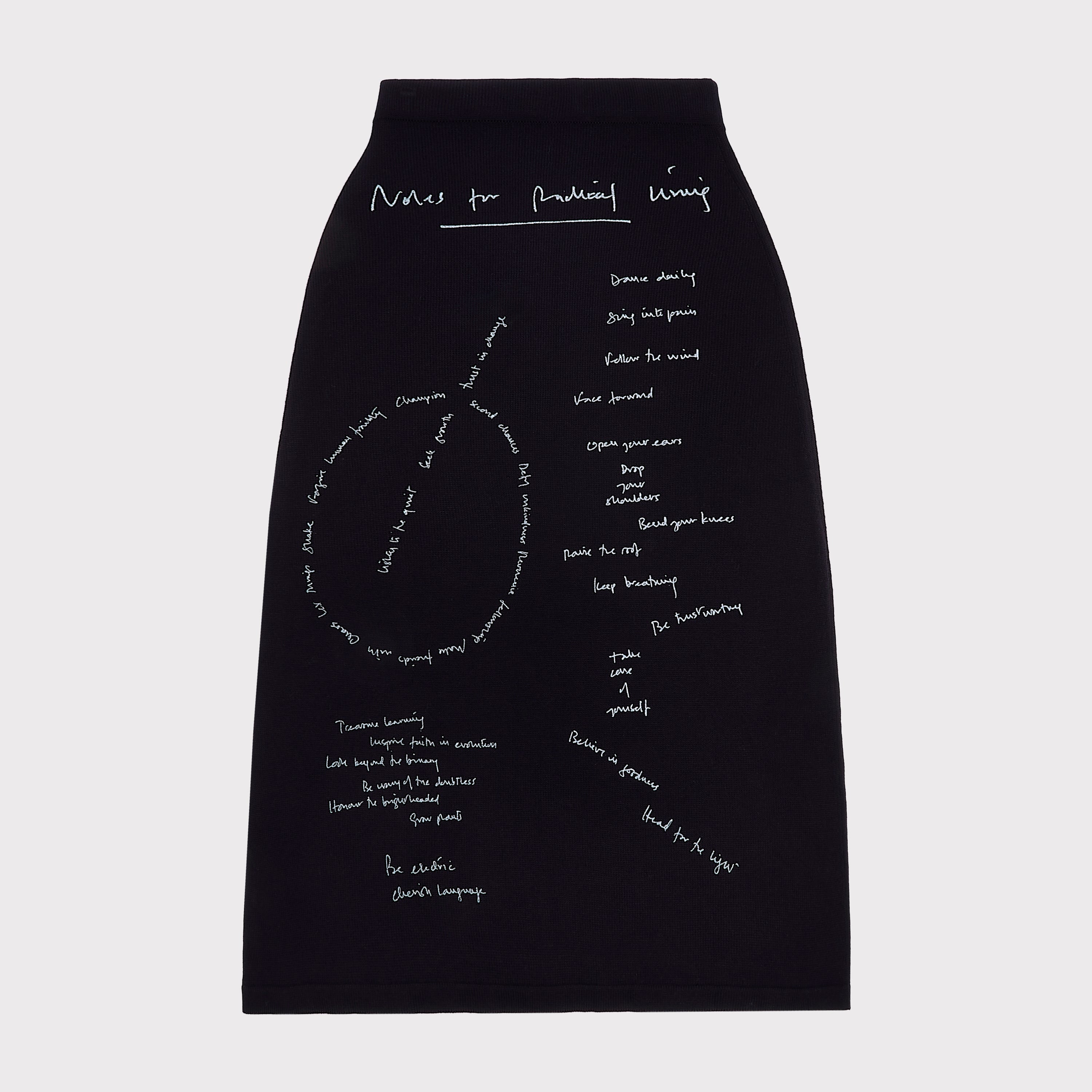 Front flatshot of "Notes for Radical Living" skirt.
