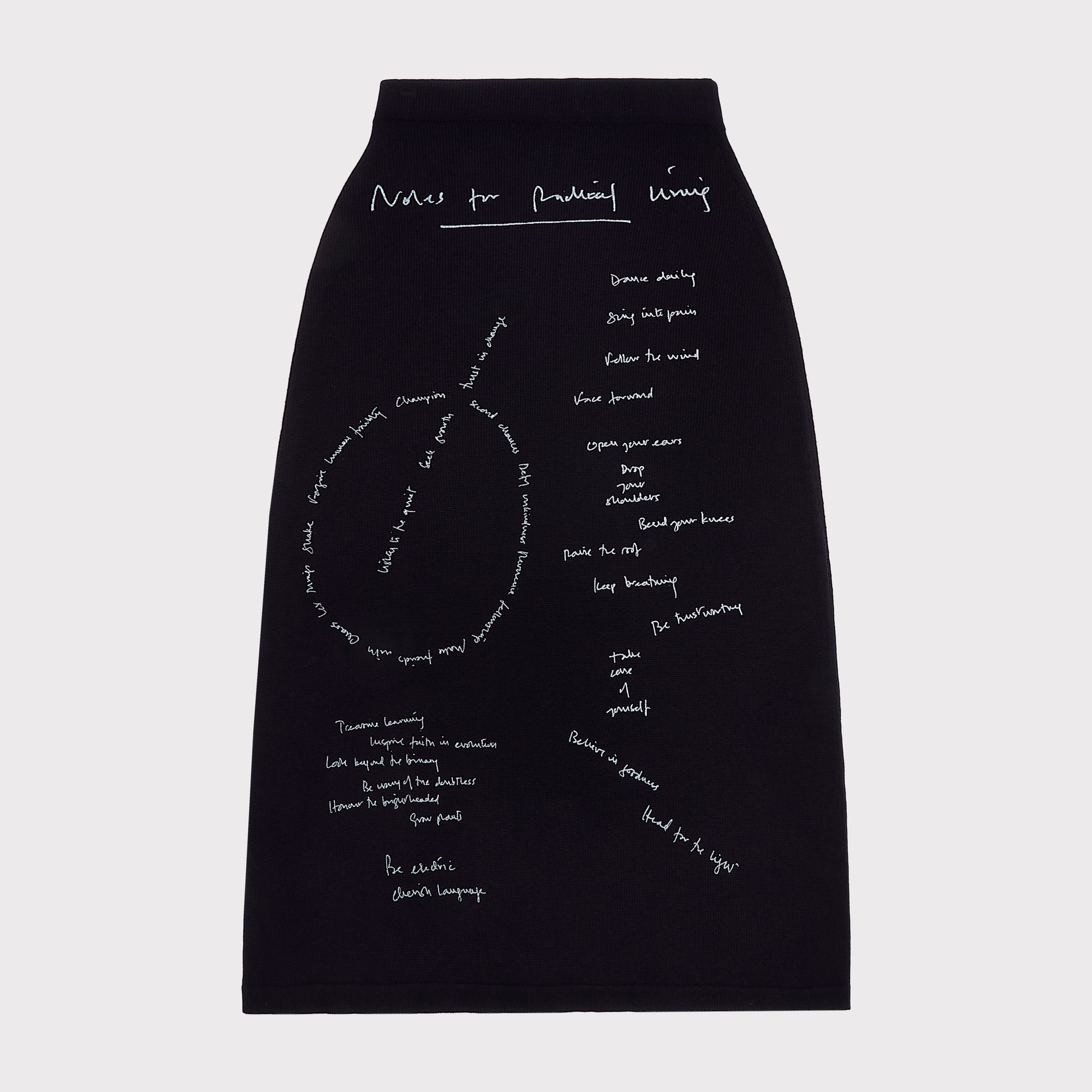 Front flatshot of "Notes for Radical Living" skirt.