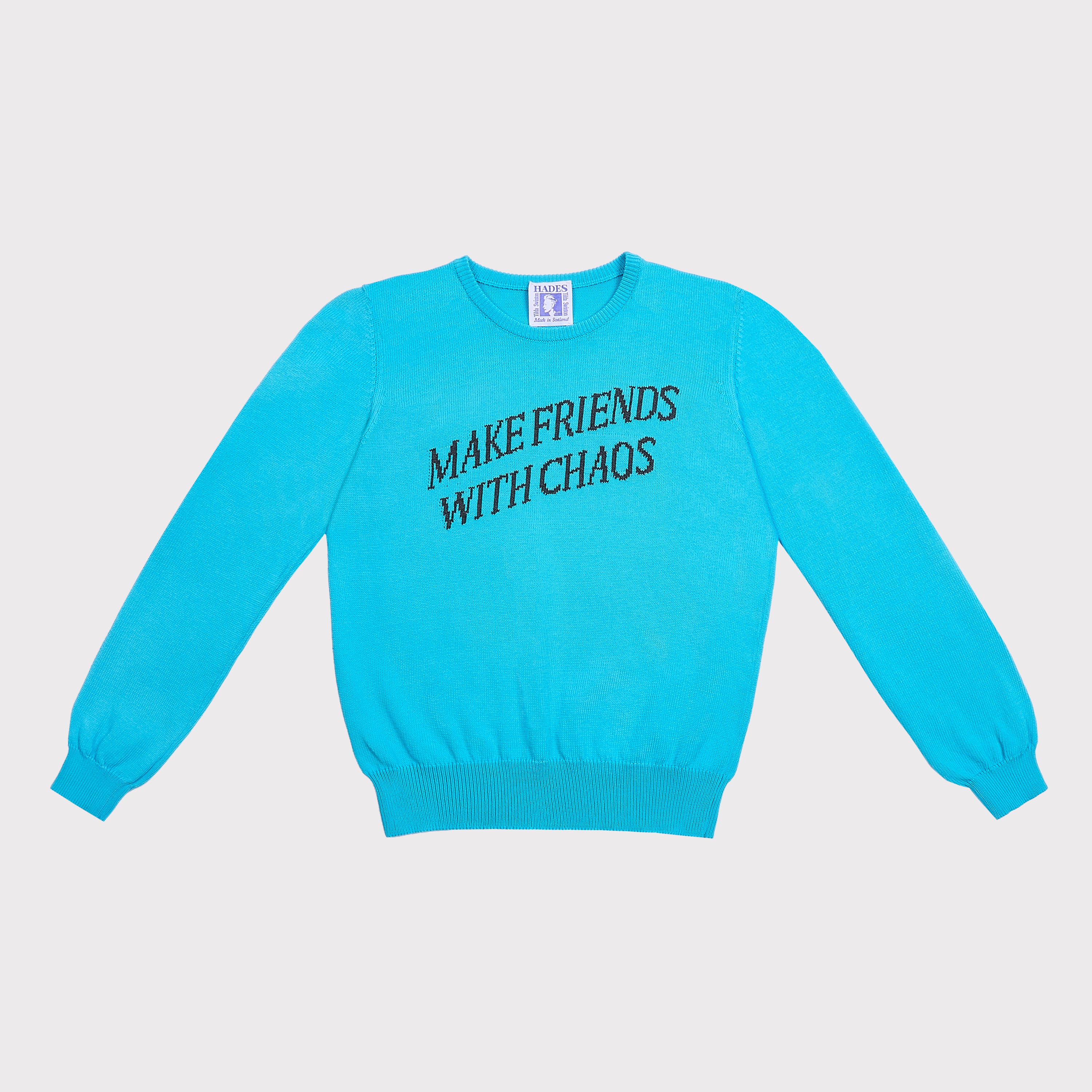 Front flatshot of the "Make Friends With Chaos" knit 
