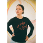 Model wearing the 'Oh Bondage, Up Yours!' jumper in Black and orange