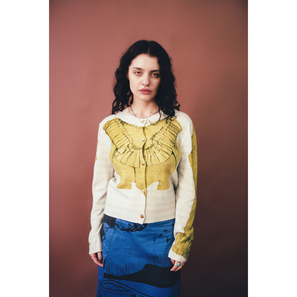 Model wearing HADES Wool Bodice Cardigan