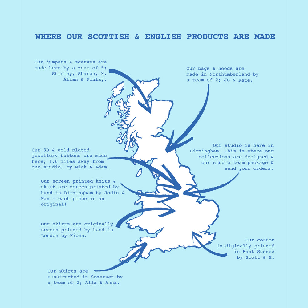 Map of Scotland and England with text indicating where Scottish and English products are made.