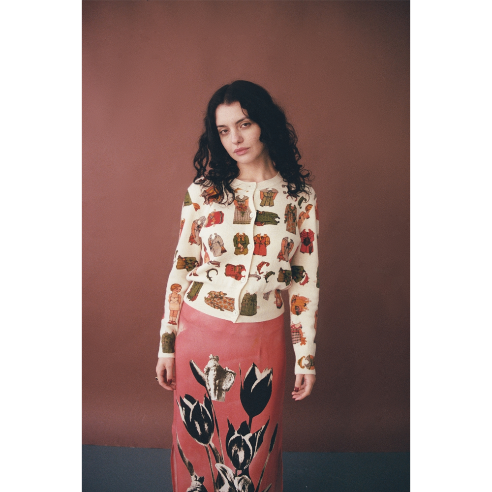 Model wearing the Paperdoll cardigan.