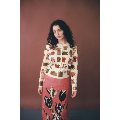 Model wearing the Paperdoll cardigan.