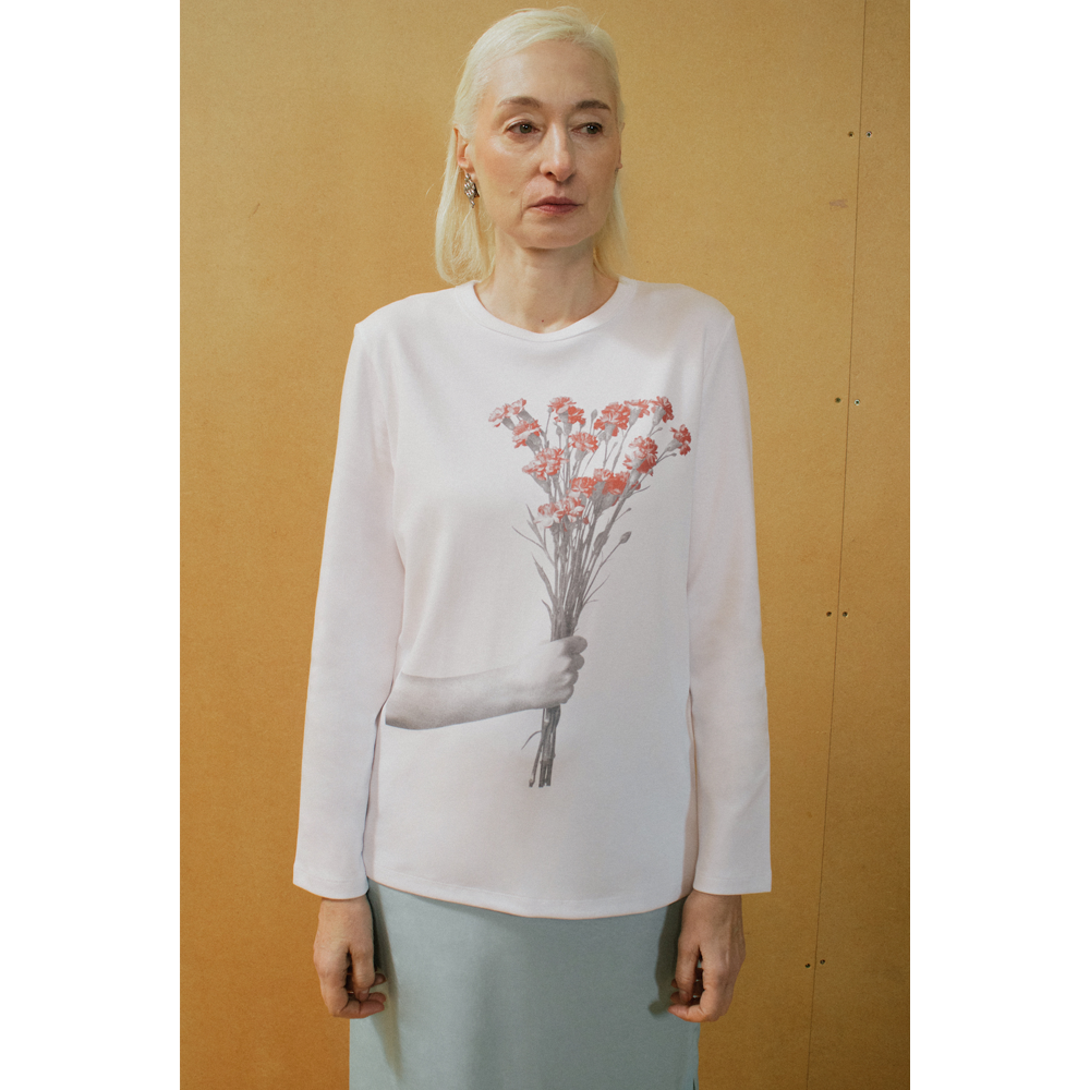 Lady wearing the Bouquet top.