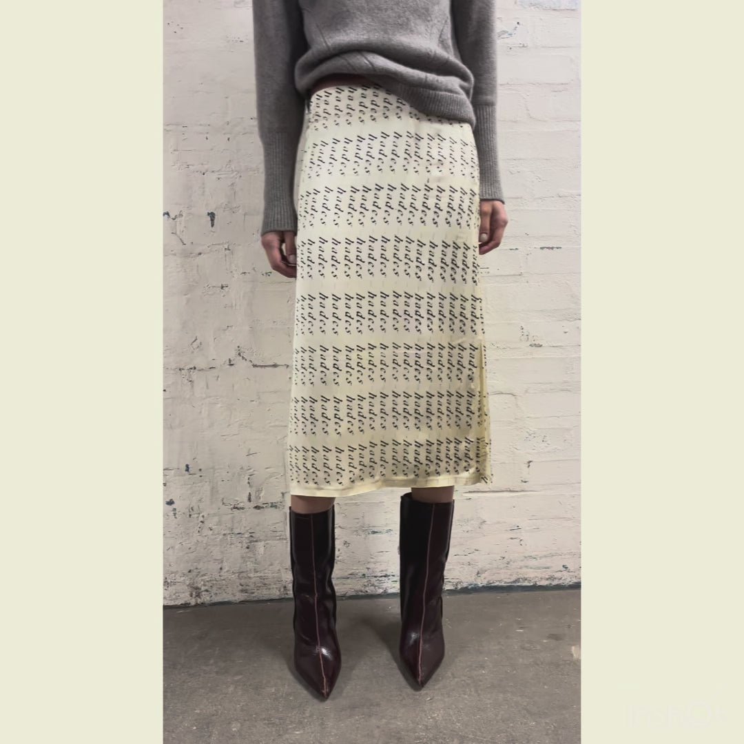 Model showing the fit of HADES HADES HADES logo skirt
