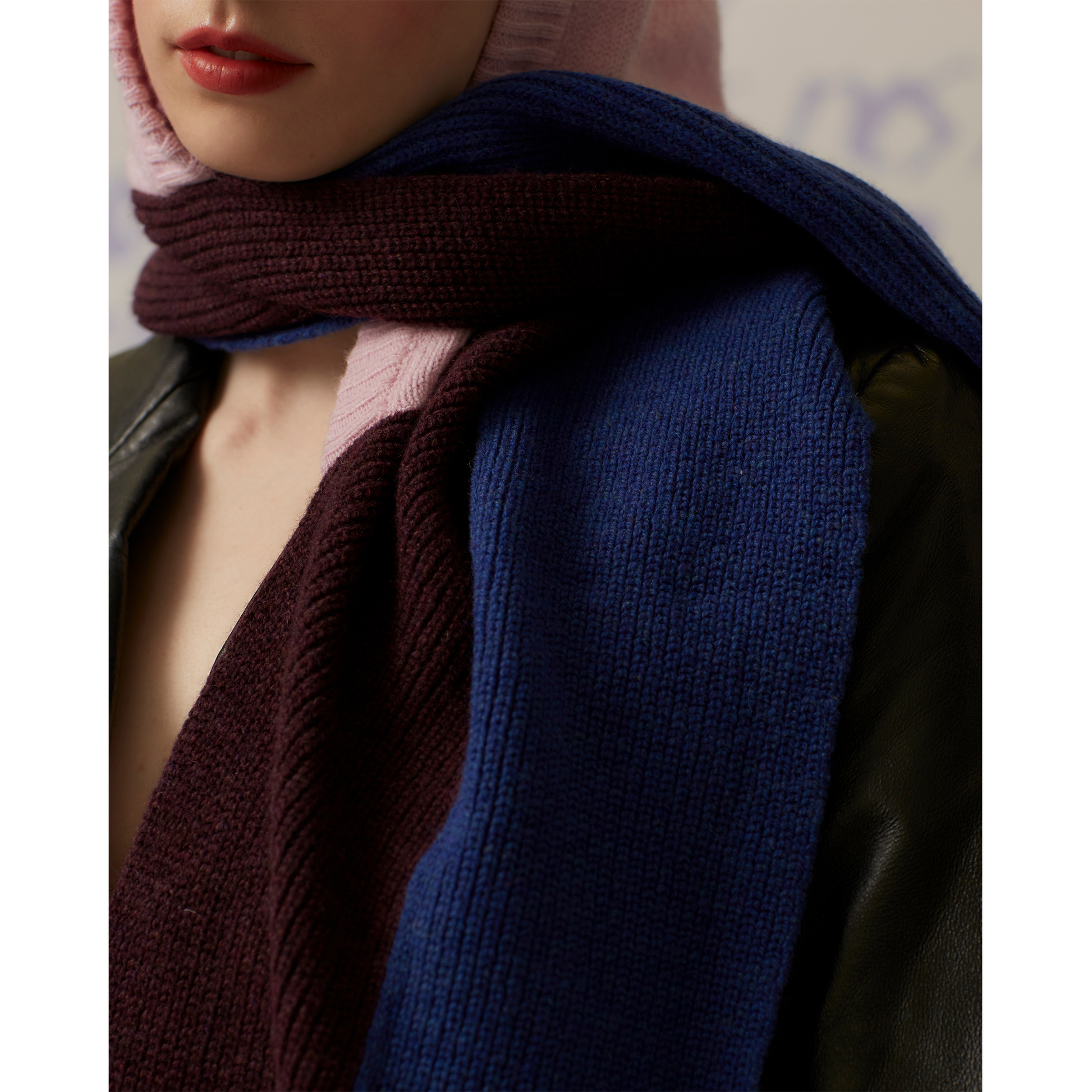 Model wearing HADES Hooded Scarf pink