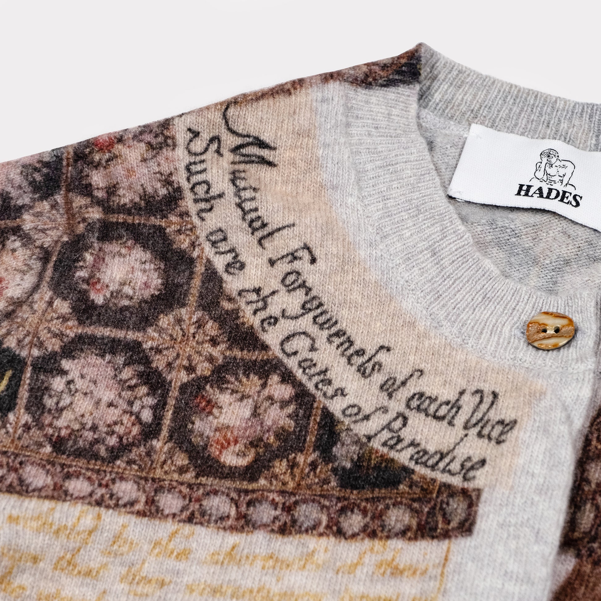 Detail image of the William Blake printed cardigan. 
