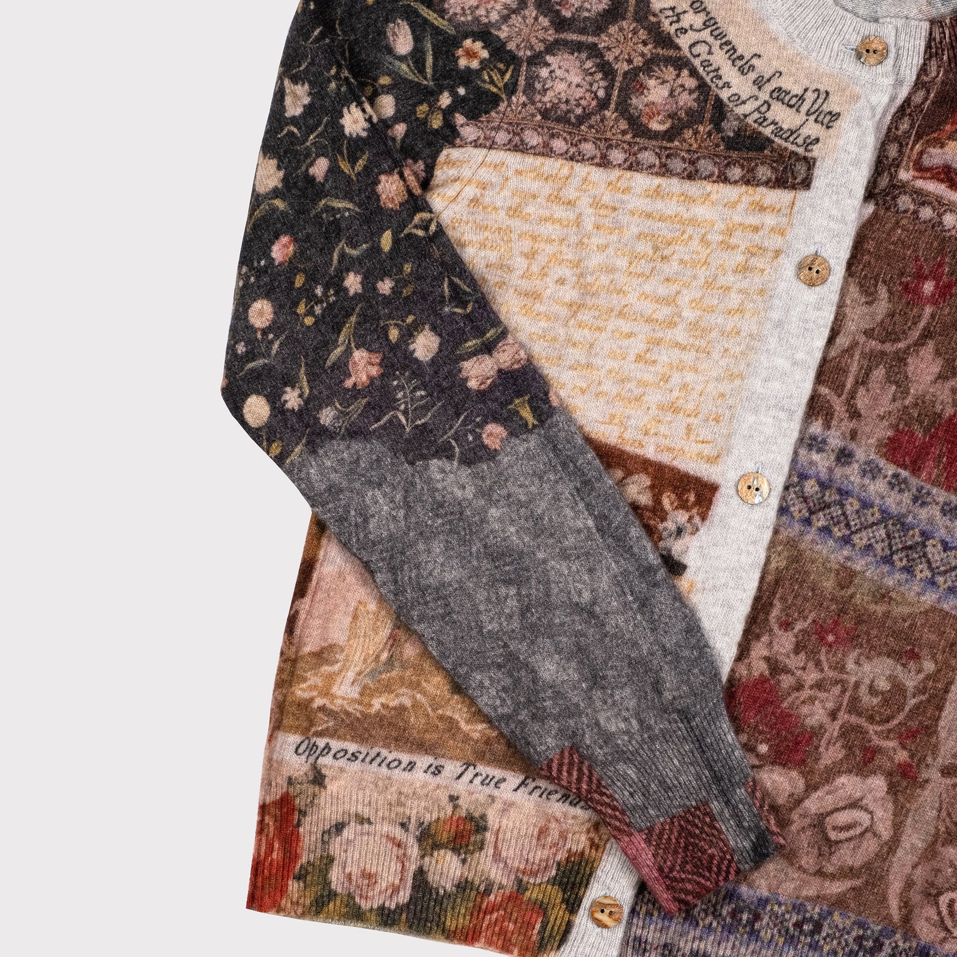 Image of the sleeve detail on the William Blake printed cardigan. 