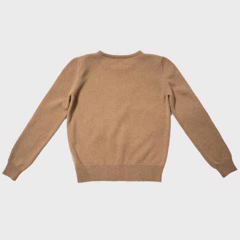 HADES camel sweater with a red letter 'V' back