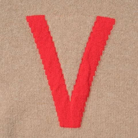 Image of the detail V of the HADES camel sweater with a red letter 'V' 