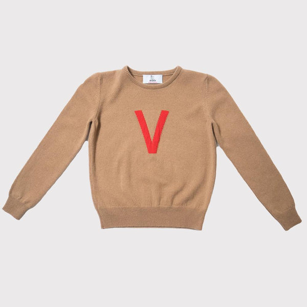HADES camel sweater with a red letter 'V' 