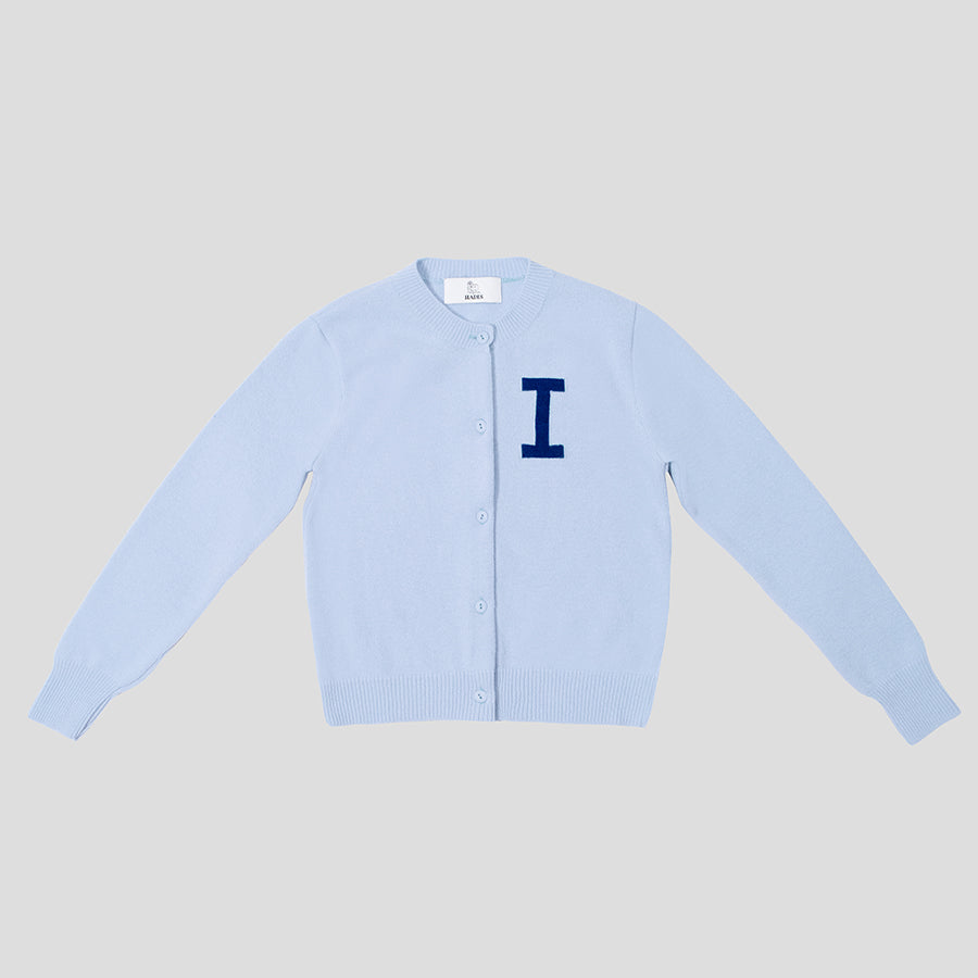 Light blue & navy letter I Alphabet cardigan HADES wool