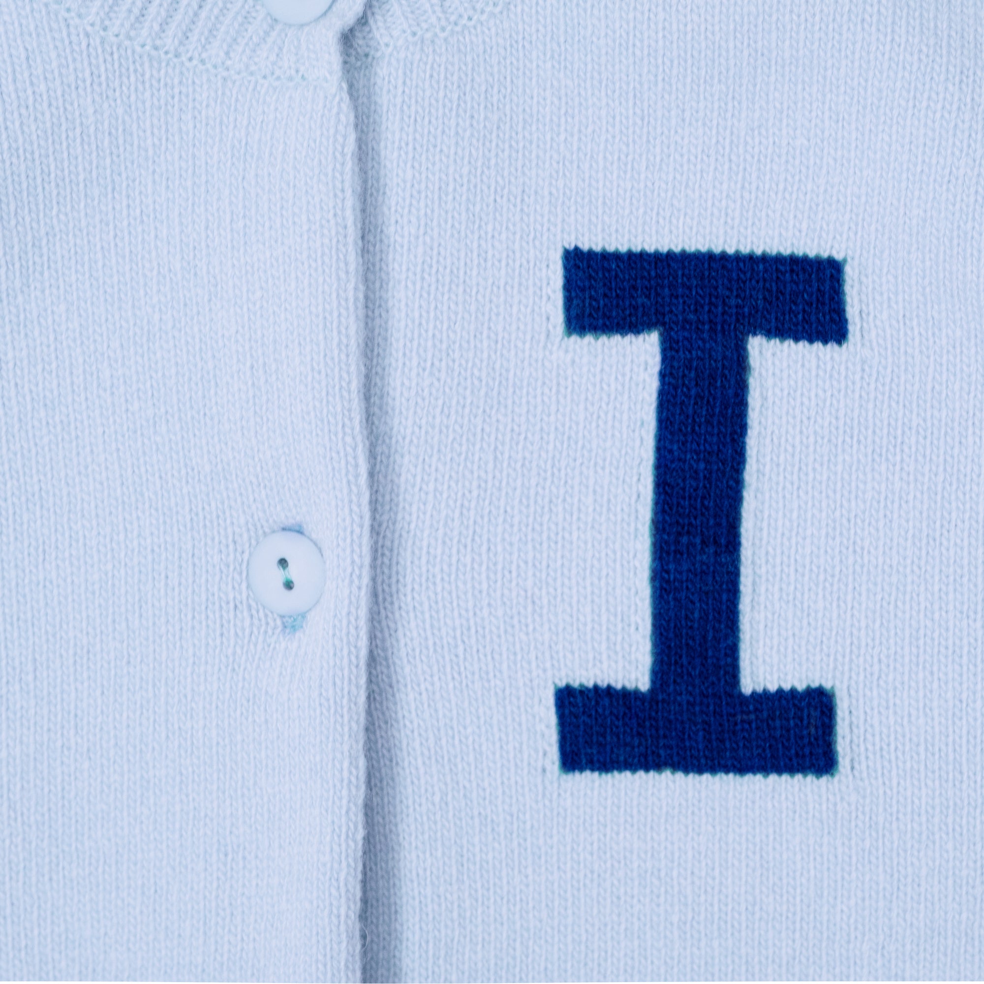 Light blue & navy letter I Alphabet cardigan HADES wool