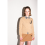 Woman wearing camel & black letter J cardigan HADES Wool