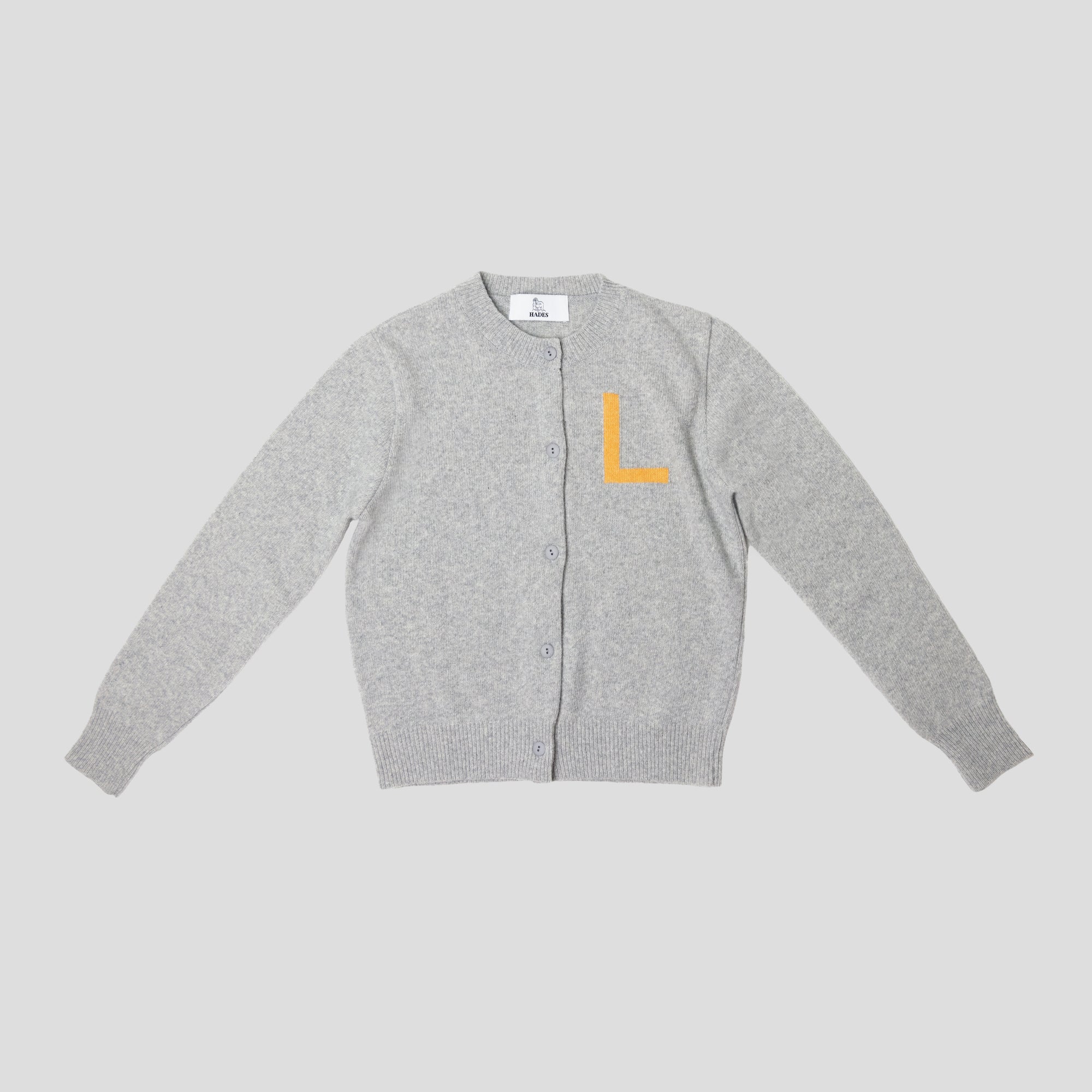 Light grey & orange letter L Alphabet cardigan HADES Wool 