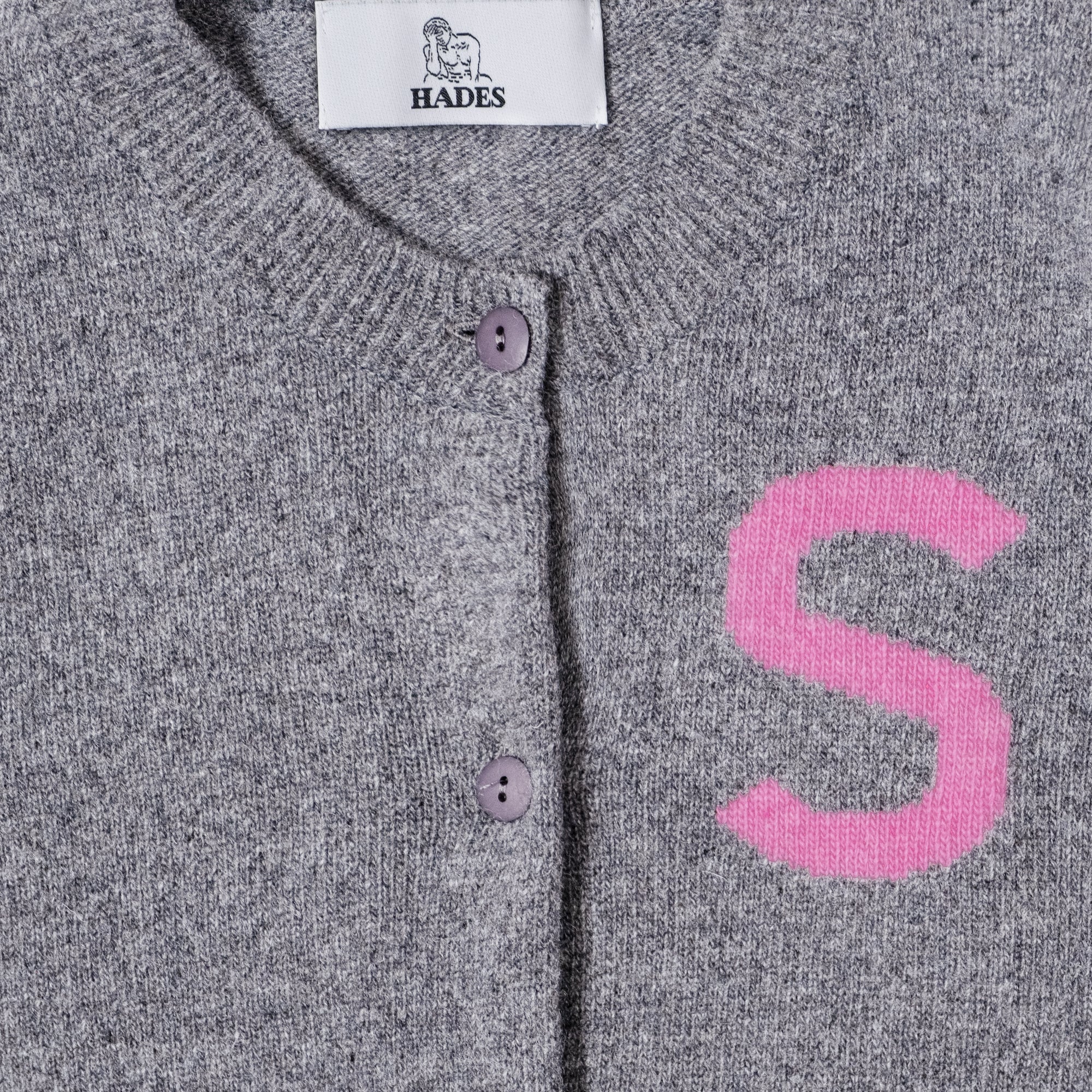 Grey & pink letter S alphabet cardigan HADES wool