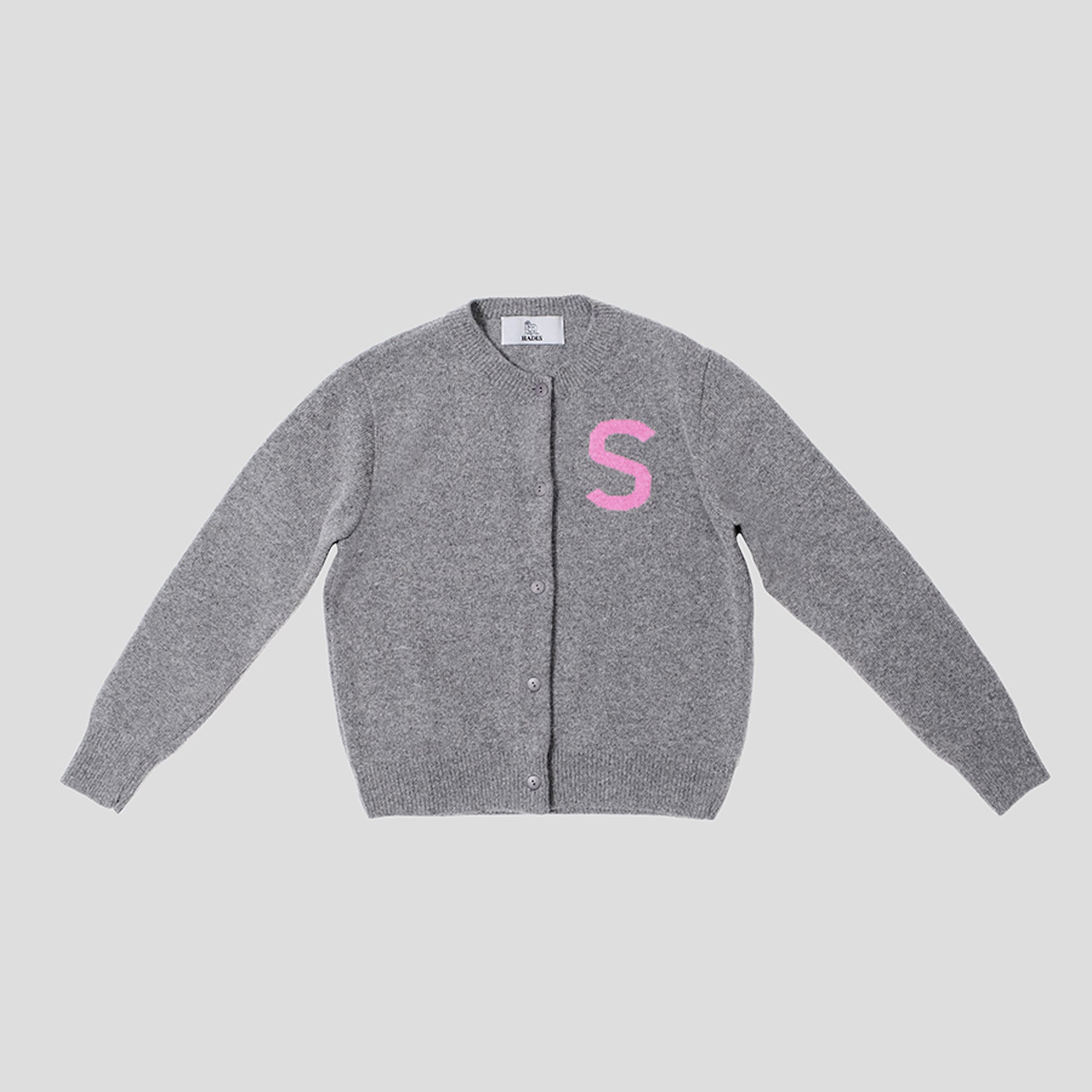 Grey & pink letter S alphabet cardigan HADES wool