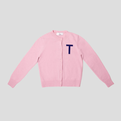 Light pink & navy letter T cardigan HADES wool
