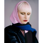Model wearing HADES Hooded Scarf pink