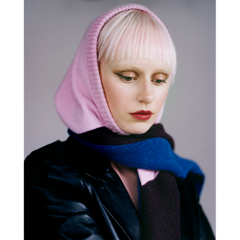 Model wearing HADES Hooded Scarf pink
