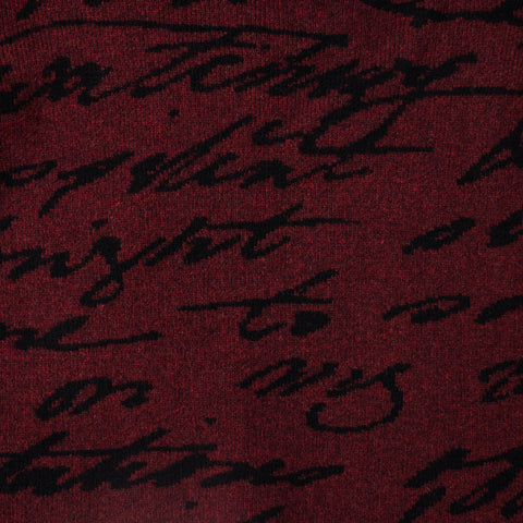 HADES burgundy and black Mary Shelley script jumper closeup