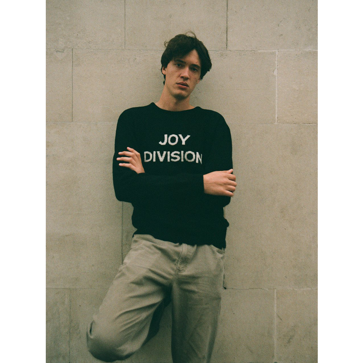 Model wearing Joy Division mens jumper