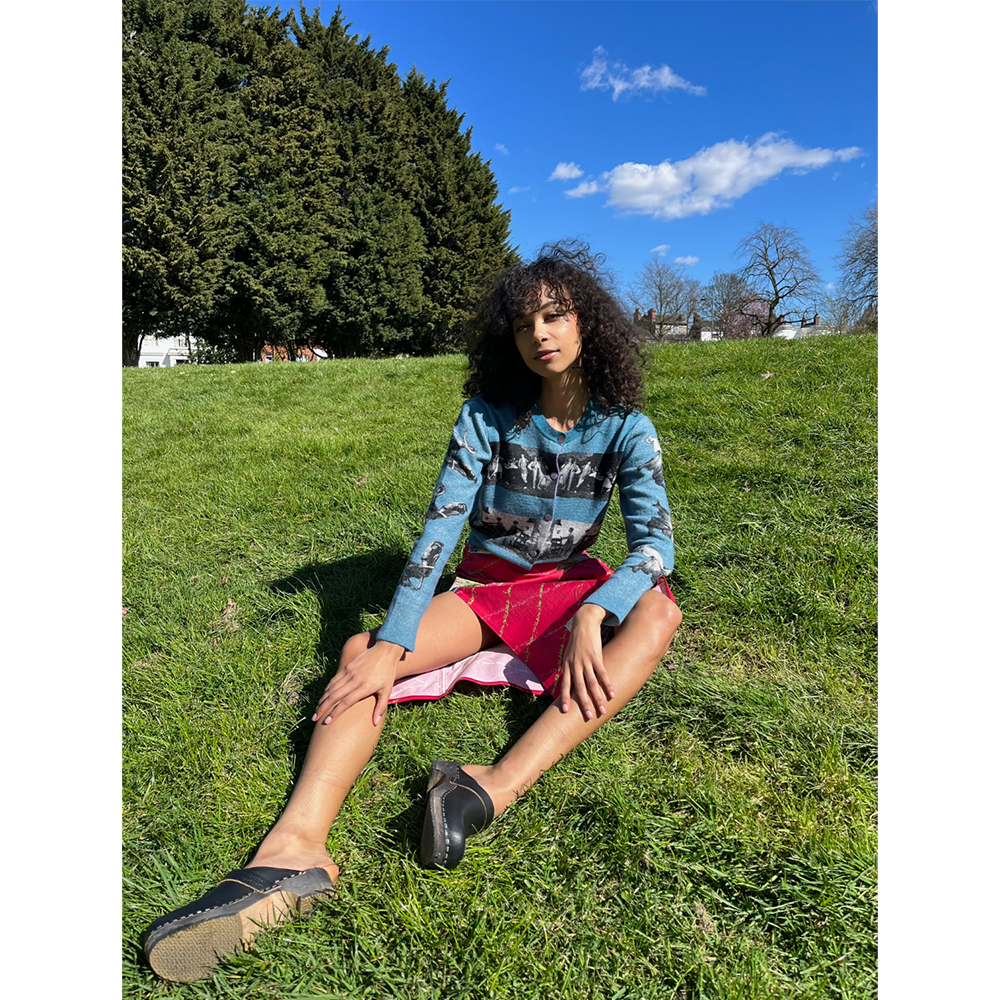 Model wearing HADES seraphic cardigan 